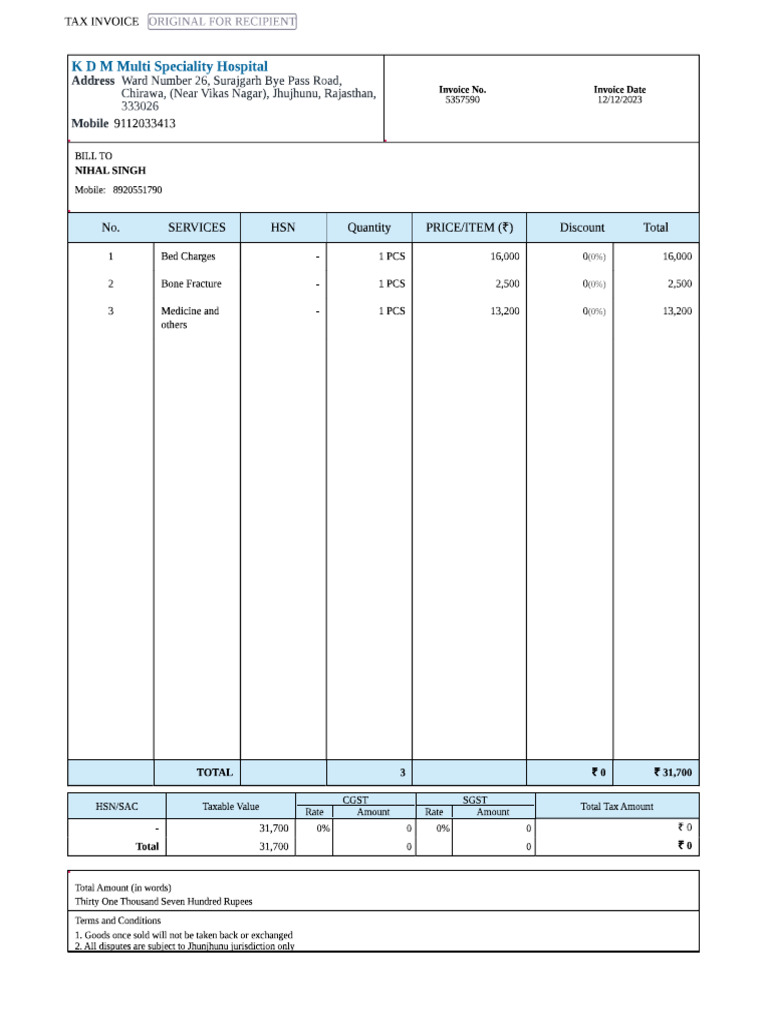 KDM Hospital Invoice - December | PDF