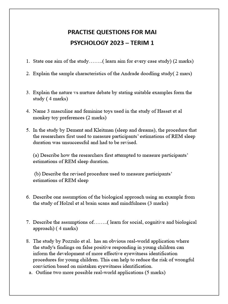 Psychology Practice Questions 2023 | PDF | Psychology | Experiment