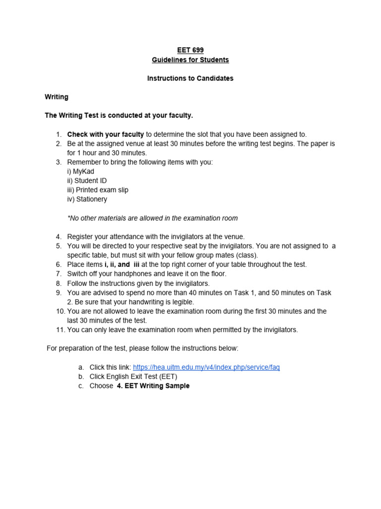 EET 699 Writing Test Guidelines | PDF
