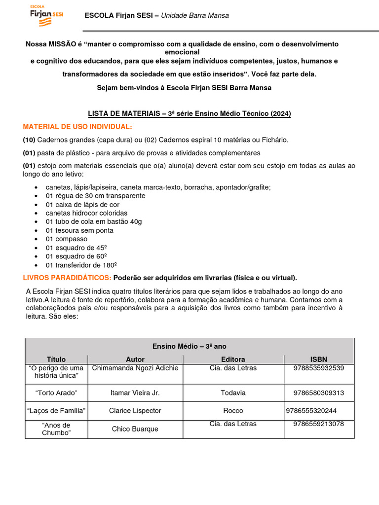 LISTA DE MATERIAIS - 3a Serie - 2024 EM Tecnico | PDF
