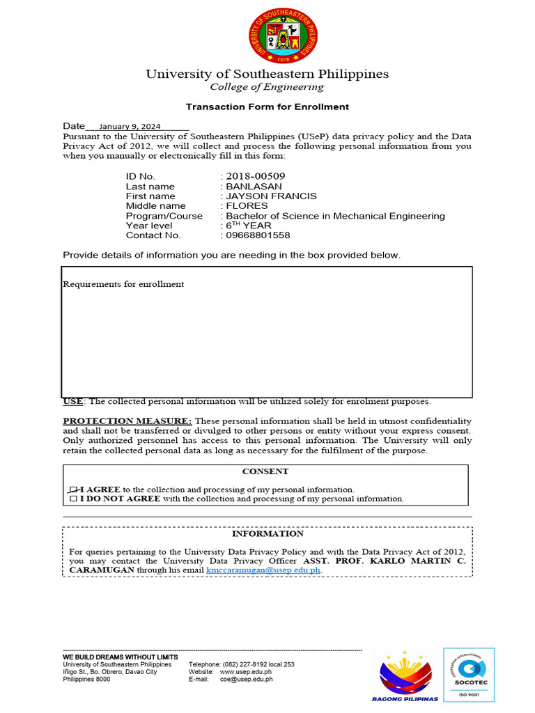 USeP Enrollment Transaction Form 2024 | PDF | Information Privacy ...