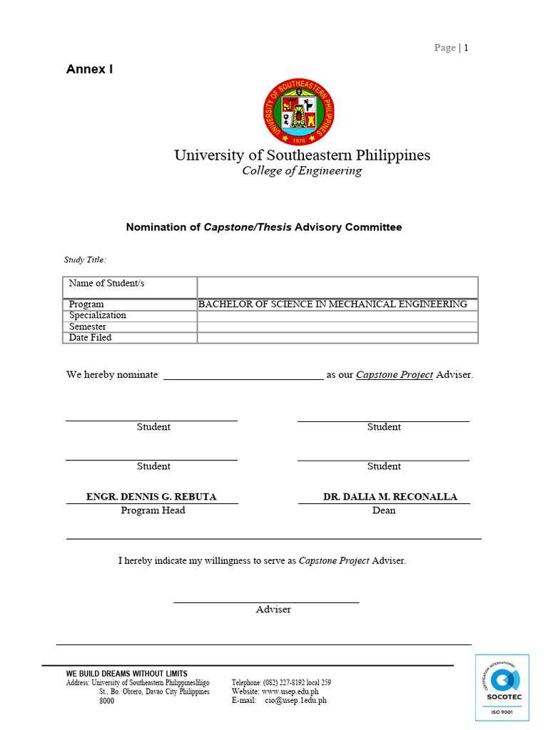 Annex I - Thesis - Capstone - Advisory Committee BSME 4 | PDF