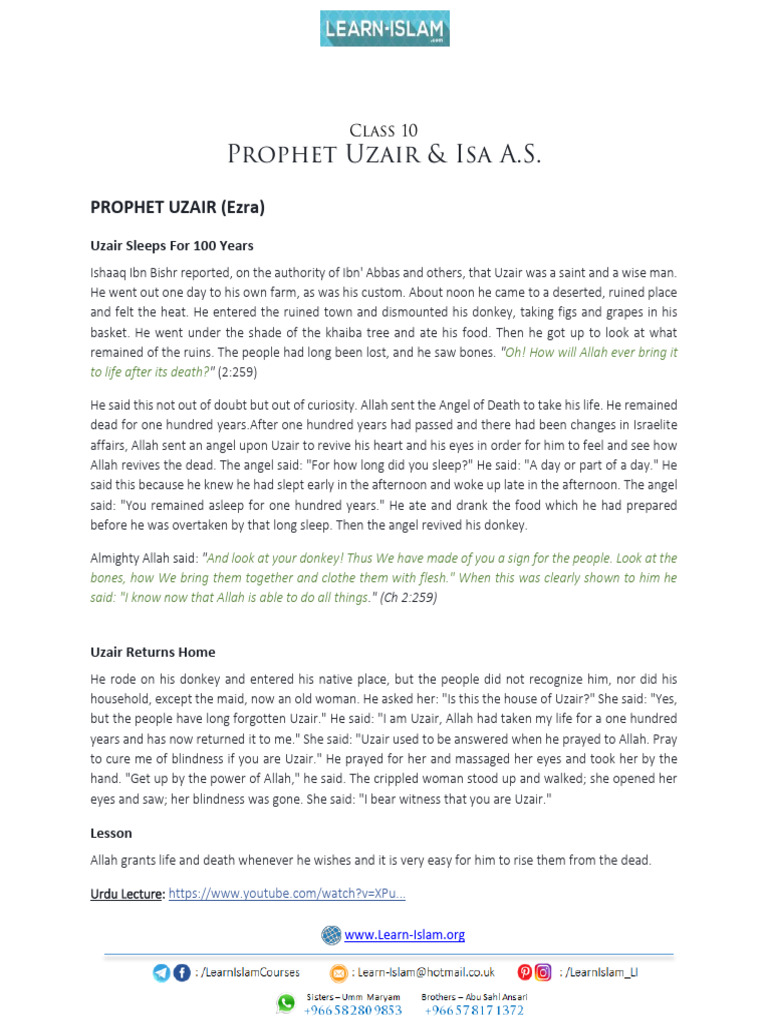 Class 10 Prophet Uzair and Isa A.S. | PDF