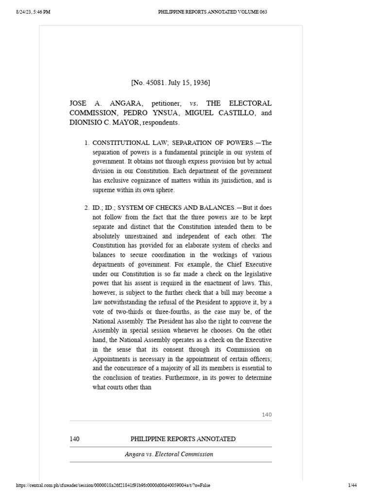 3 - Angara vs. Electoral Commission | PDF | Constitution | Separation ...