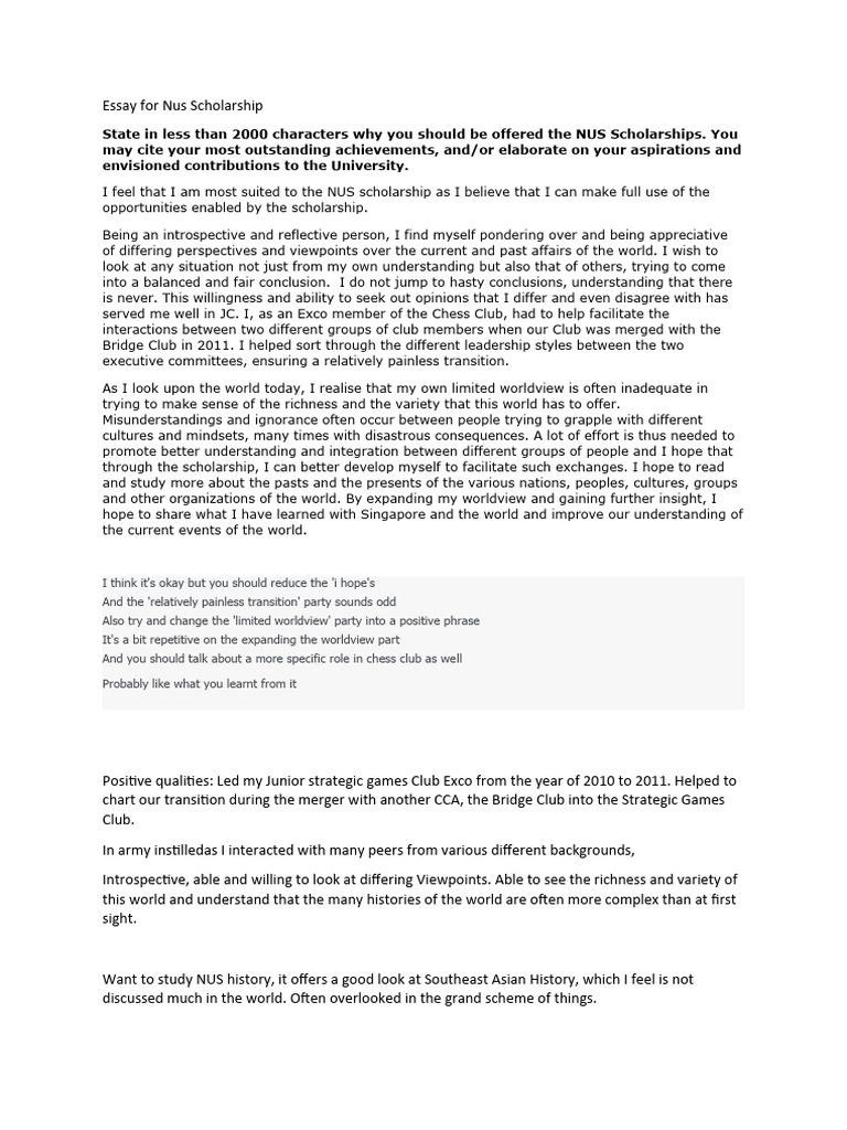 NUS Scholarship Personal Statement Essay | PDF | Career & Growth