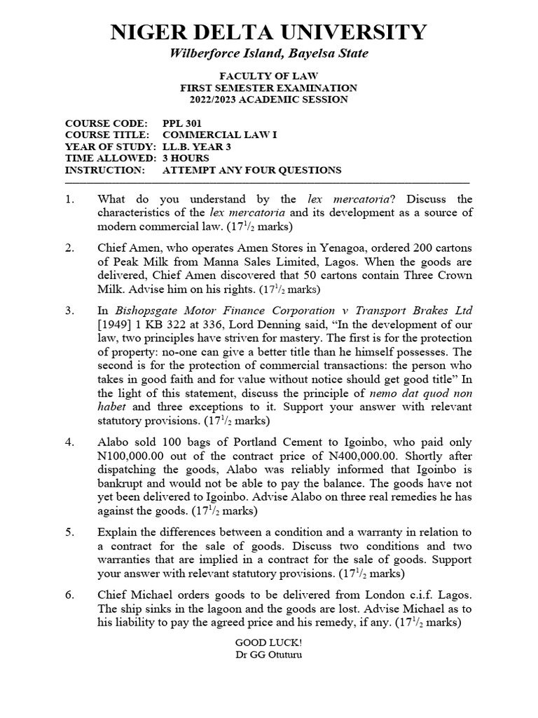 Commercial Law Marking Scheme PDF Implied Warranty Breach Of Contract