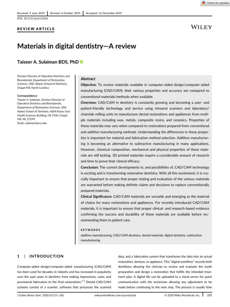 J Esthet Restor Dent 2020 Sulaiman Materials in Digital Dentistry A Review PDF