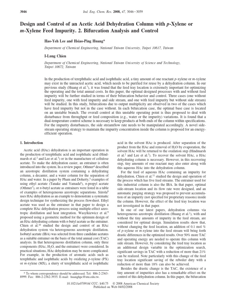 Design and control of an acetic acid dehydration column with p xylene