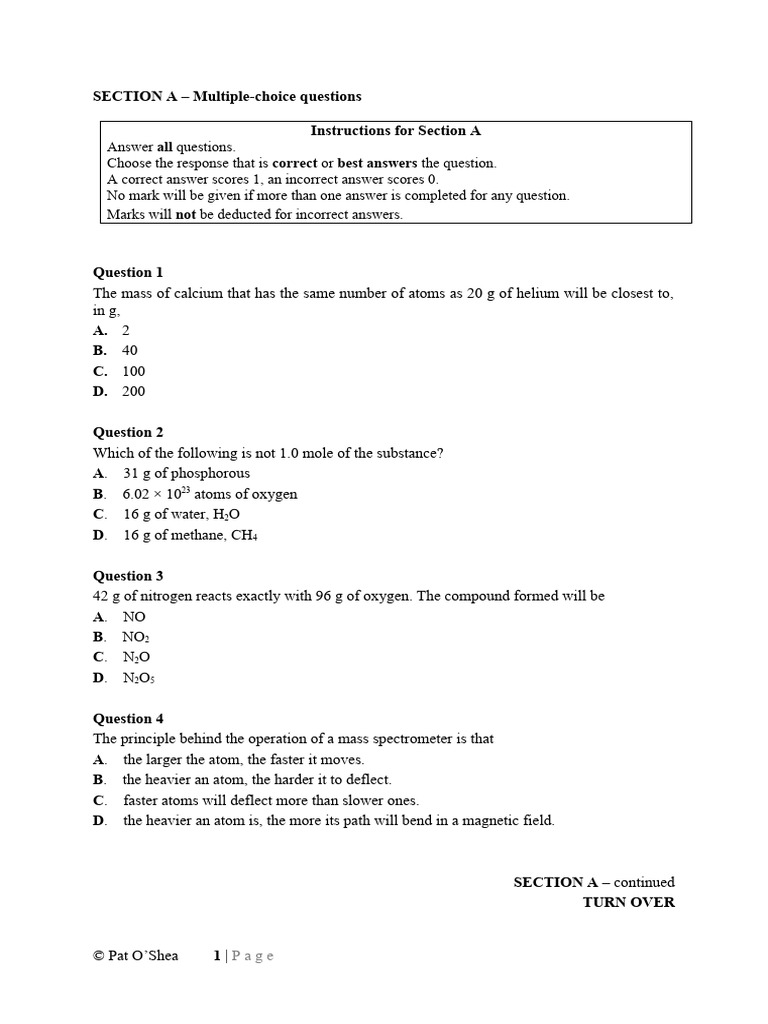 Topic Test 4 Mole Pdf Mole Unit Oxide