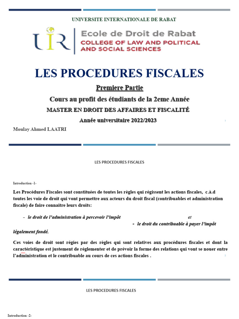 Cours sur les Procédures Fiscales | PDF | Impôts | Impôt sur le revenu