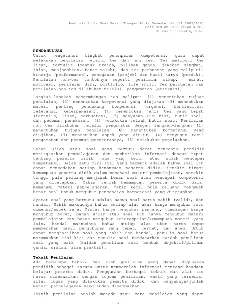 Contoh Analsis Butir Soal