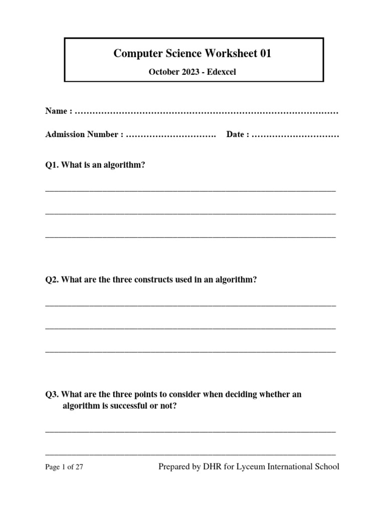 Computer Science Worksheet 01 DHR - LIS | Download Free PDF | Applied ...