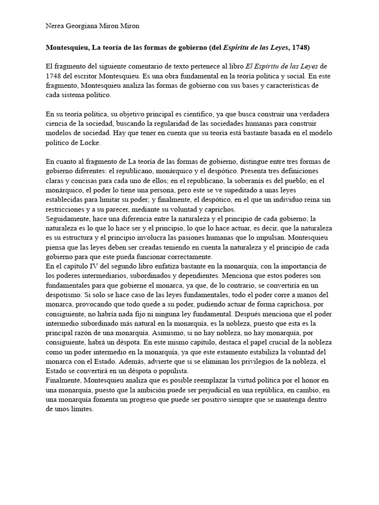Montesquieu, La Teoría de Las Formas de Gobierno PDF