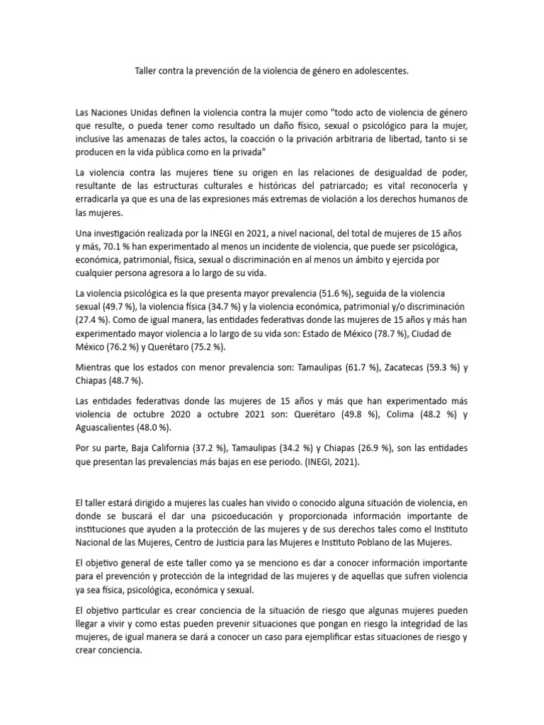Taller Contra La Prevención de La Violencia de Género en Adolescentes ...