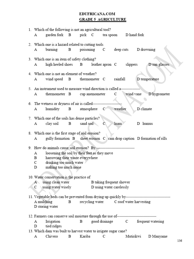 Grade 5 Agriculture Exam Questions | PDF | Vegetables | Plants