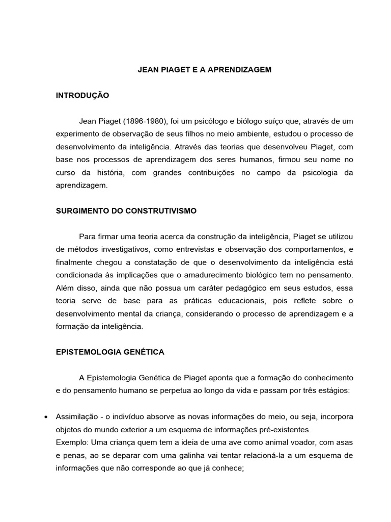 Piaget e a Teoria da Aprendizagem | PDF | Aprendizado | Psicologia