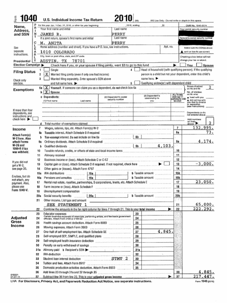 Perry Tax Return 2010 | PDF | Tax Deduction | Withholding Tax