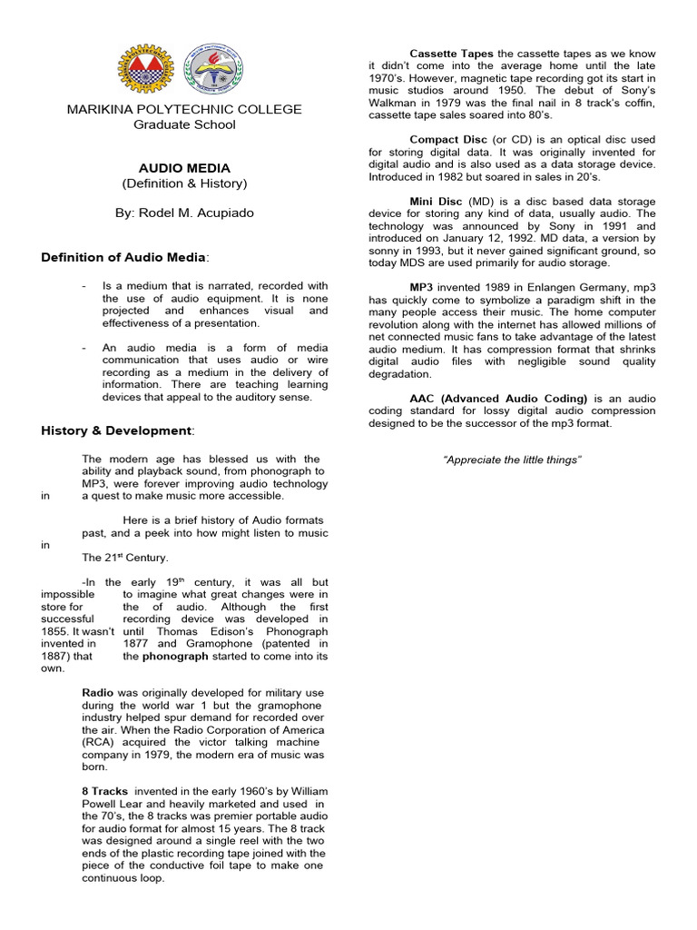 Definition and History of Audio Media | PDF | Sound Recording And ...