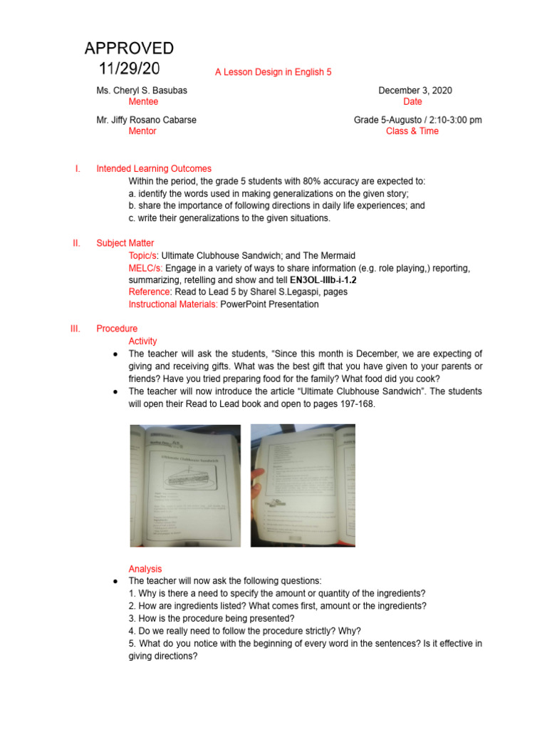 Grade 5 English Lesson Plan | PDF | Mentorship | Teachers