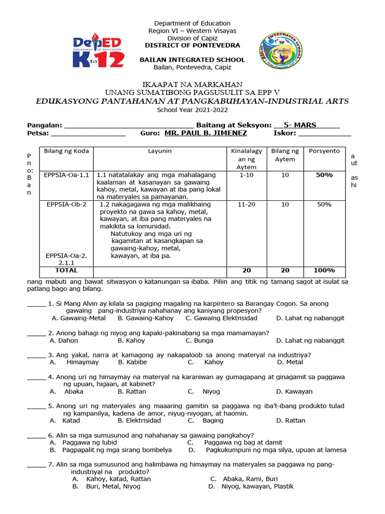 Long Bondpaper 1st-4th Summative Tests in Epp 5-Industrial Arts S.Y ...