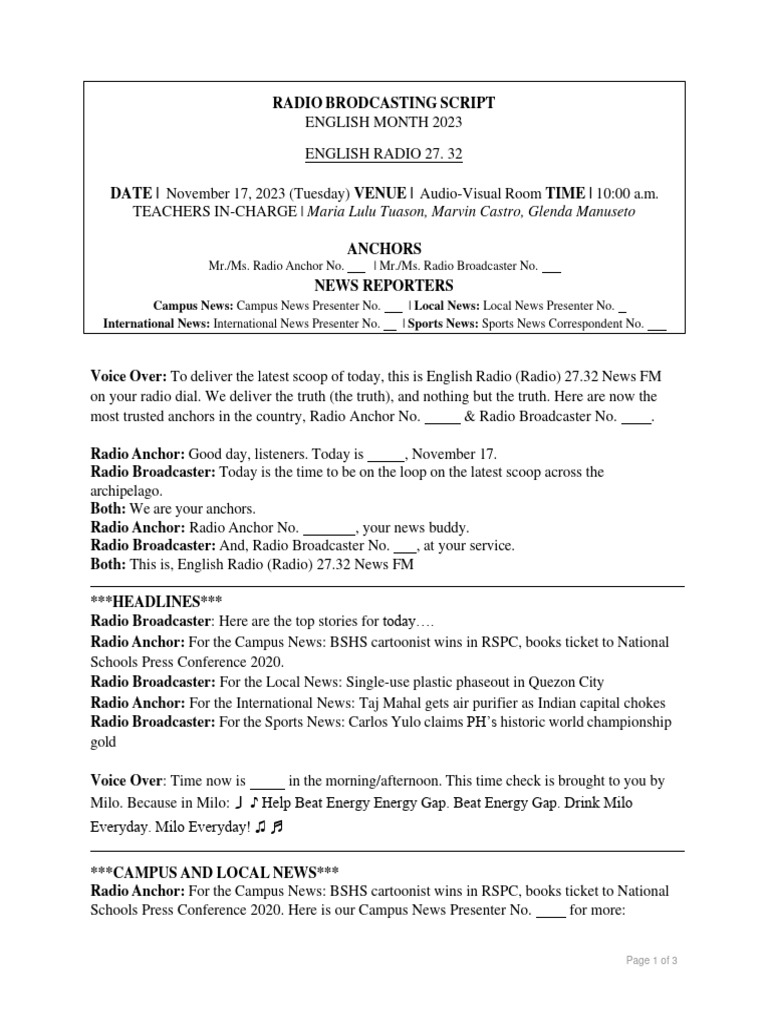 Radio broad script 2023 pdf entertainment mass media