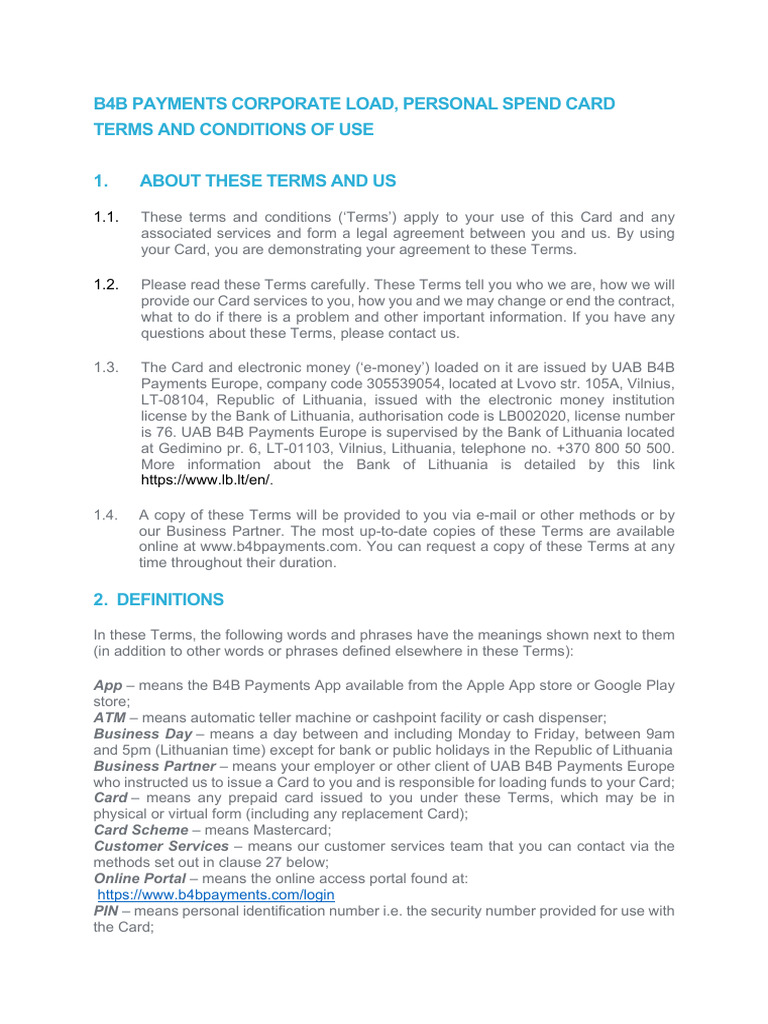B4B Mastercard Terms and Conditions | PDF | Credit Card | Debit Card