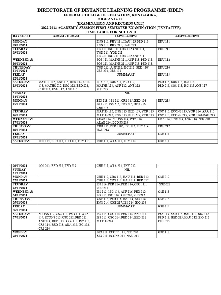 First Semester Exam Timetable 2023/24 | PDF | Schools | Educational ...