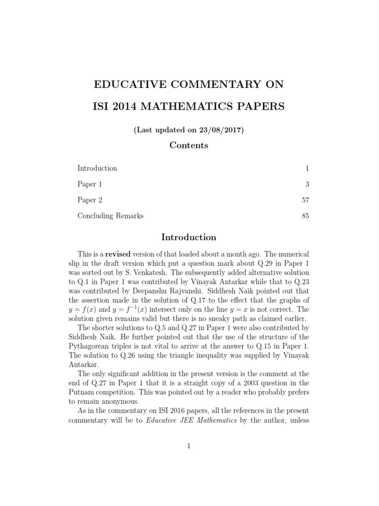 ISI 2014 Mathematics Papers Commentary | PDF | Area | Quadratic Equation