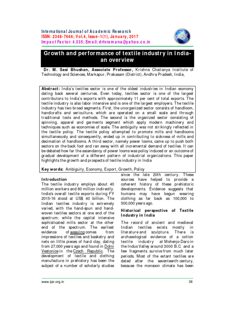 Growth and Performance of Textile Industry in India-An Overview | PDF ...