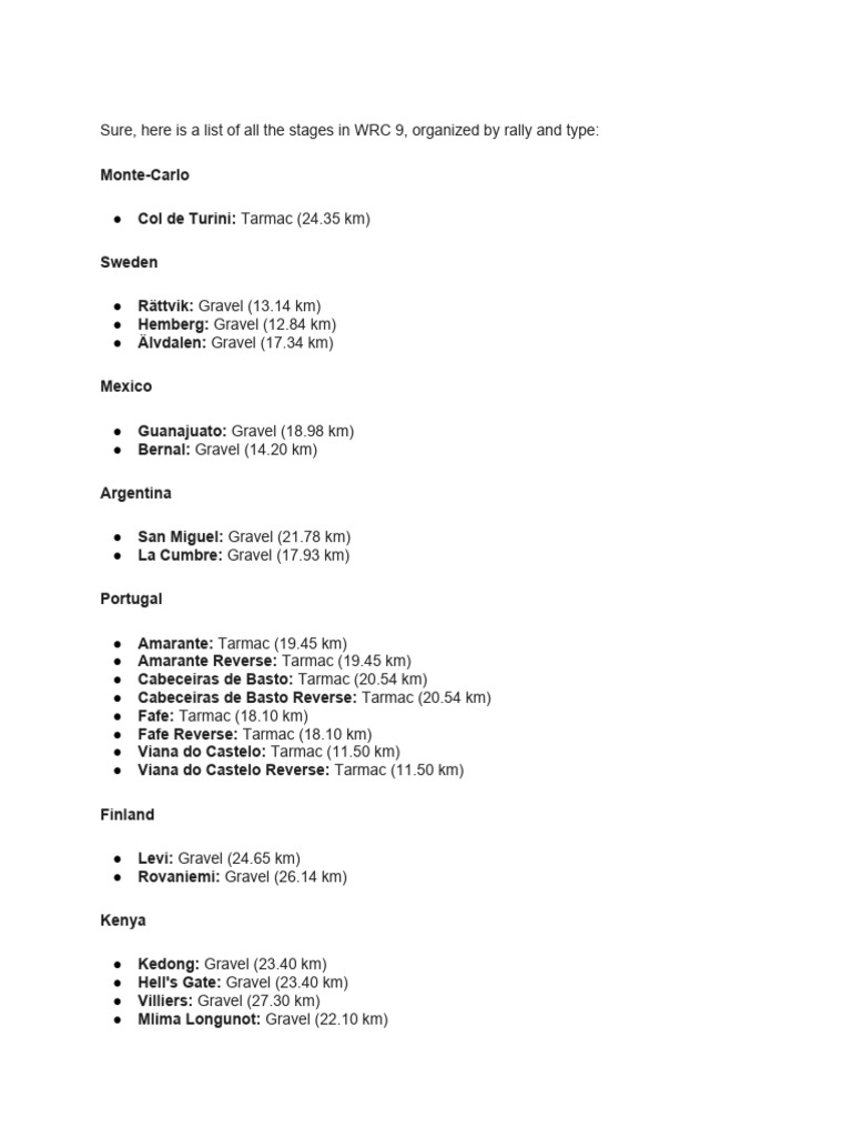 WRC 9 Rally Stages and Tracks List | PDF