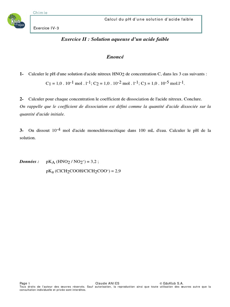 Calcul du pH d'acides faibles | PDF | Ph | Dissociation (chimie)