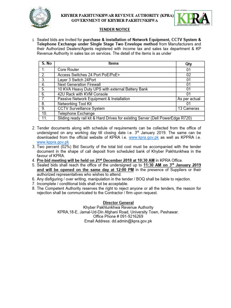 KPRA Network & CCTV Tender Notice | PDF | Computer Network | Closed ...