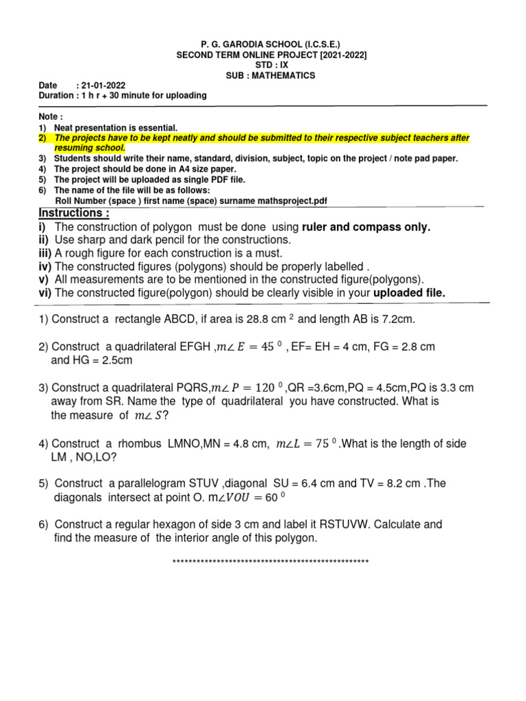 9 STD TERM 2 Maths Project Construction2021-22 | PDF | Art