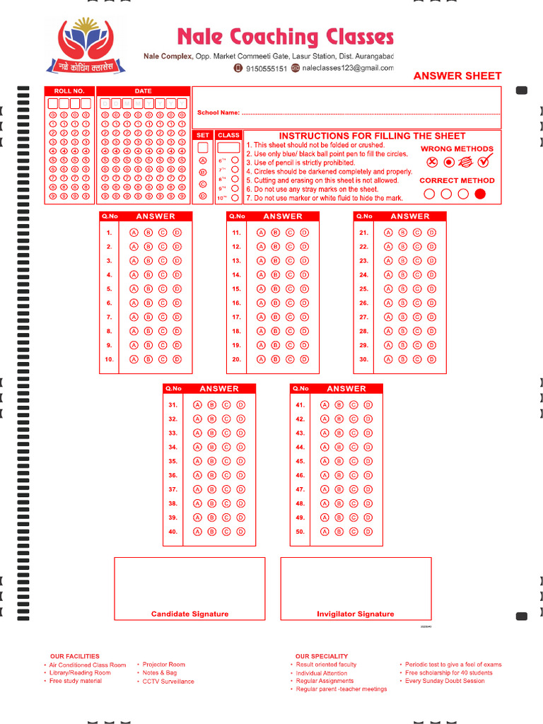 50 Questions OMR Sheet PDF