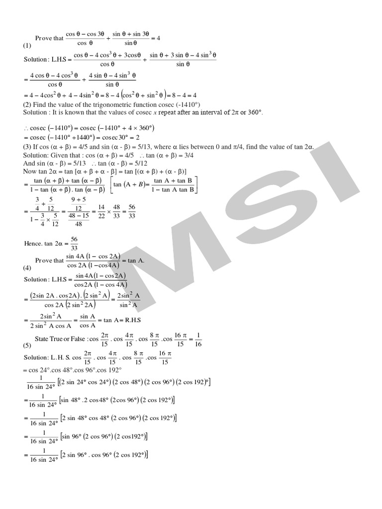 11th Trigo Practice Solutions PDF Trigonometric Functions 
