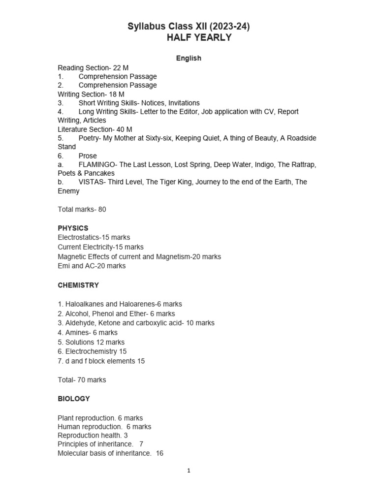 Class 12 Half Yearly Syllabus 2023-24 | PDF | Social Science