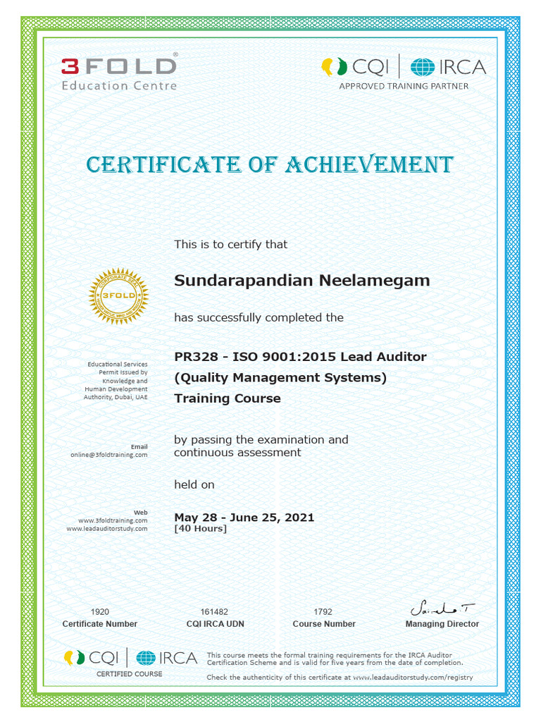 IRCA Lead Auditor Certificate Validity | PDF