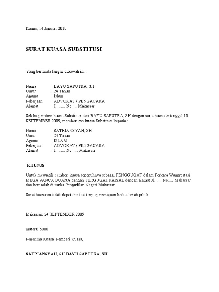 Contoh Surat Kuasa Hak Substitusi Contoh Surat Terlengkap