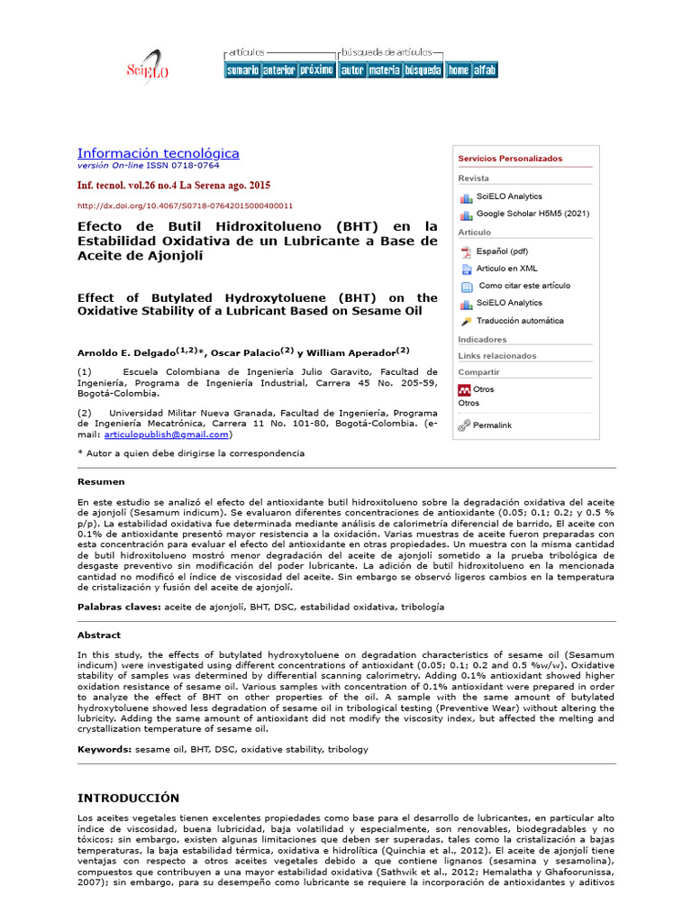 Efecto de Butil Hidroxitolueno (BHT) en La Estabilidad Oxidativa de Un ...