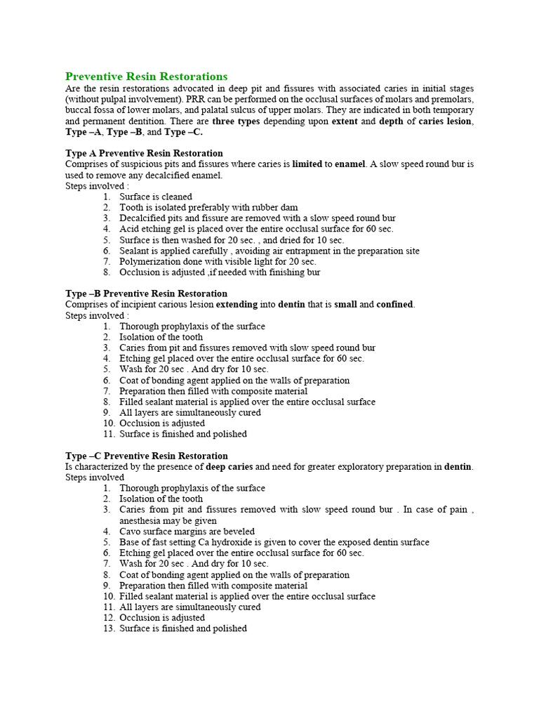 Preventive Resin Restorations PDF Dentistry Branches Dentistry