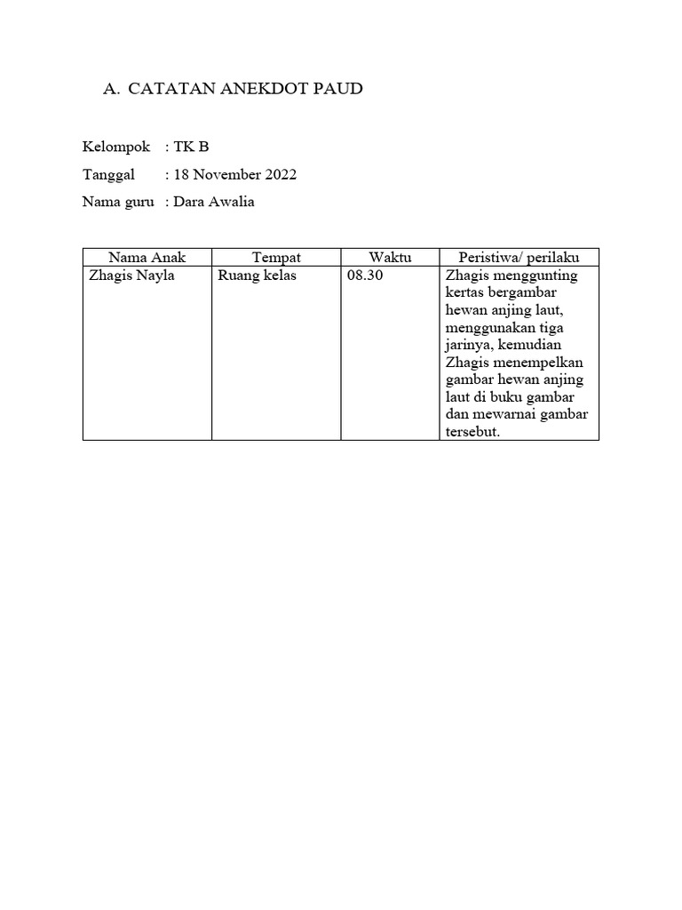 Contoh Catatan Anekdot PAUD TK B | PDF