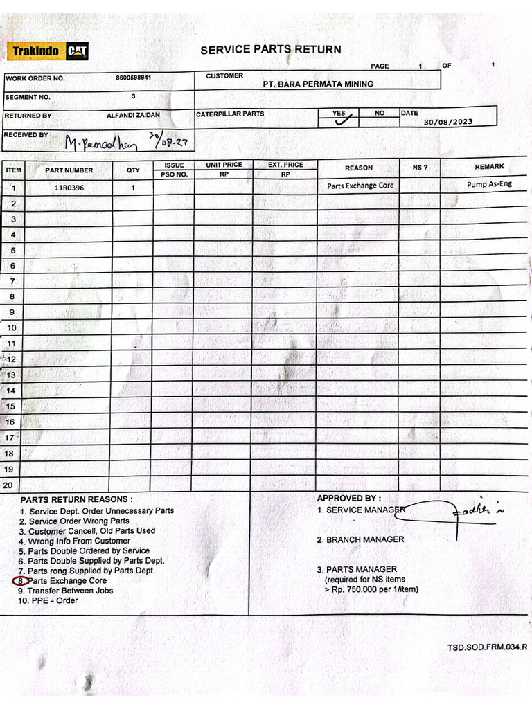 Part Return PT BPM. | PDF