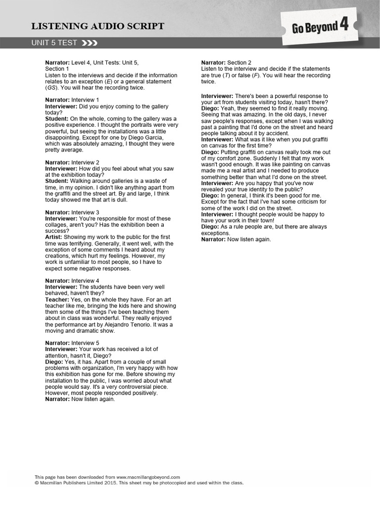 Unit 5 Listening Test Audio Script | PDF | Art