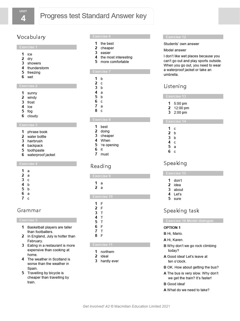 A2 Unit 4 Progress Test Answer Key | PDF
