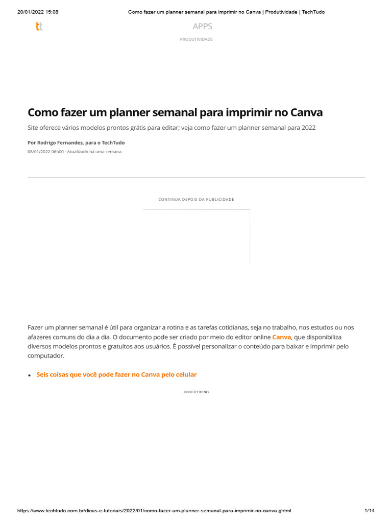 Como Fazer Um Planner Semanal para Imprimir No Canva - Produtividade ...