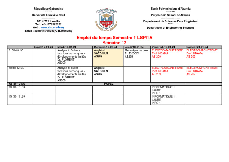Emploi du Temps L1 Maths Semestre 1 PDF — free download