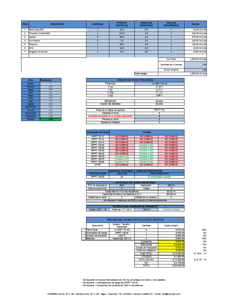 Cálculo de Sistema Solar en Excel | PDF | Panel solar | Fuente de ...