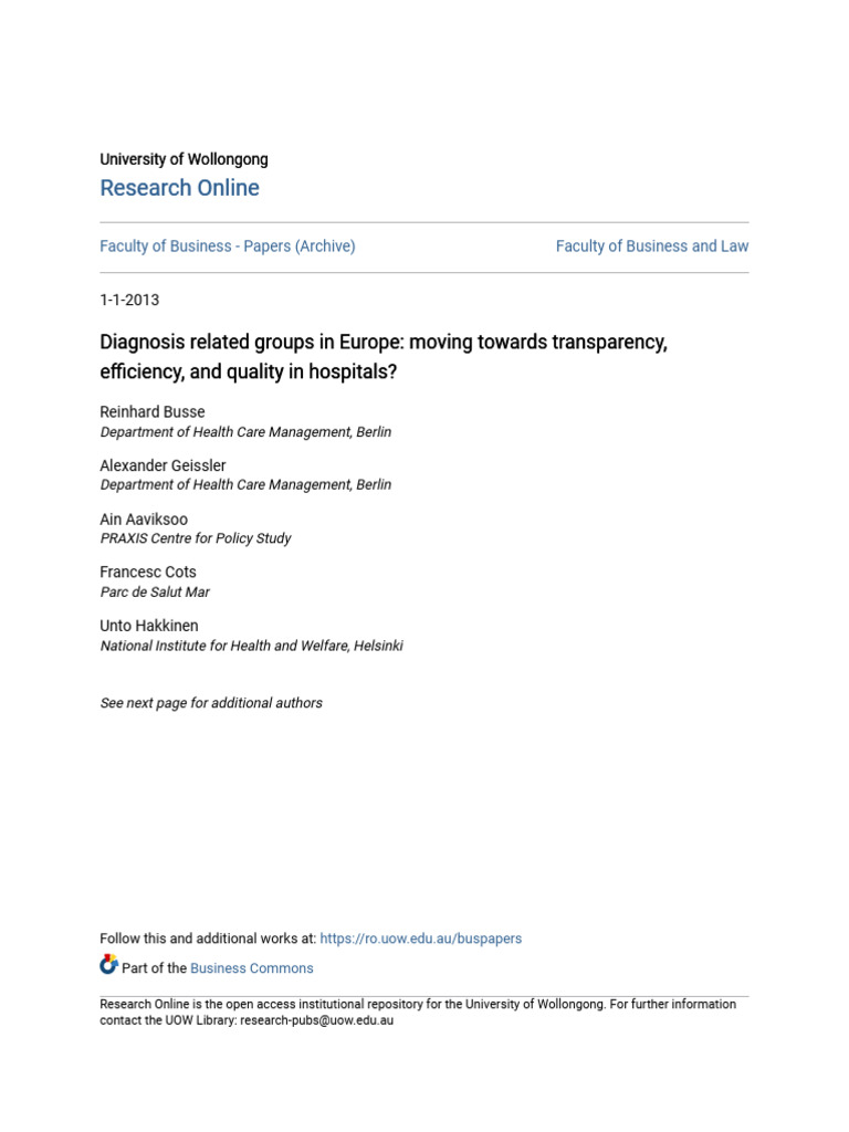 Diagnosis Related Groups in Europe: Moving Towards Transparency ...