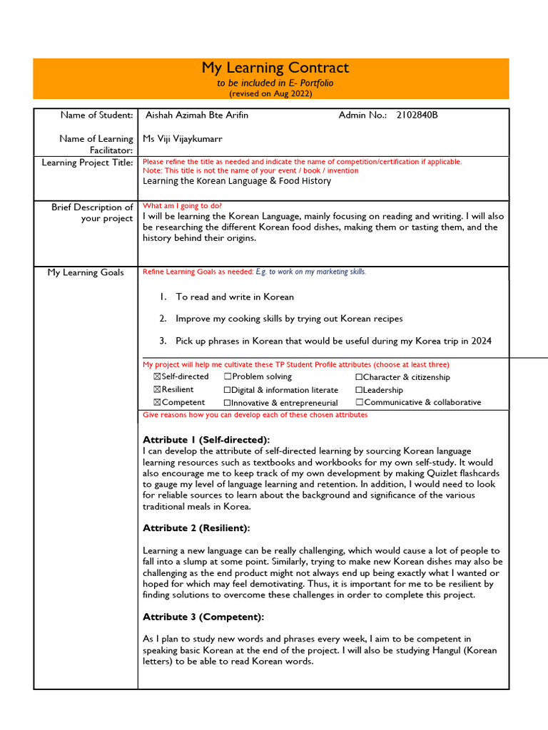 Learning Contract Aishah Arifin 2102840b | PDF | Korean Cuisine ...