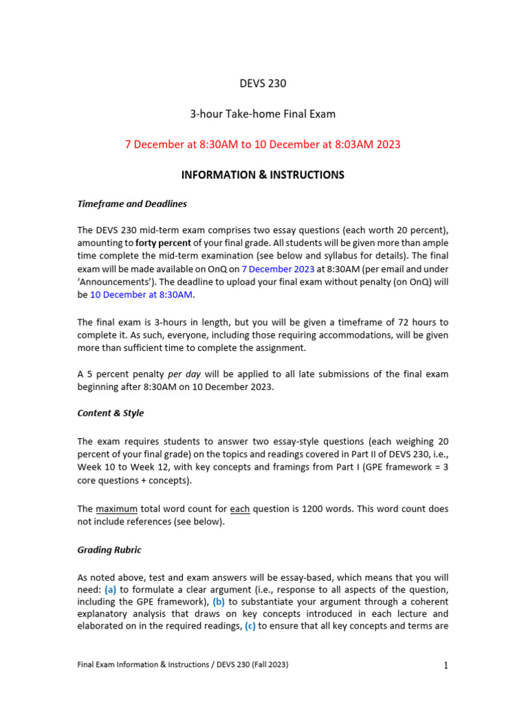 Final Exam Tips and Instructions - 2023 | PDF | Essays | Lecture